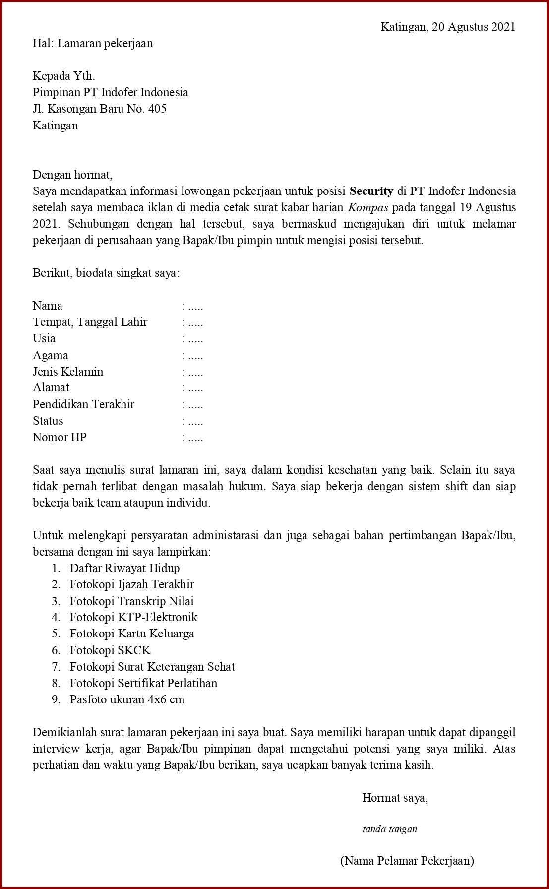 Detail Contoh Surat Lamaran Pekerjaan Security Nomer 24