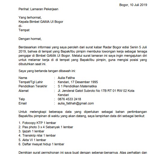 Detail Contoh Surat Lamaran Pekerjaan Untuk Guru Nomer 19