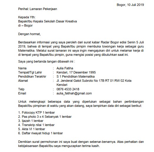 Detail Contoh Surat Lamaran Pekerjaan Untuk Guru Nomer 4