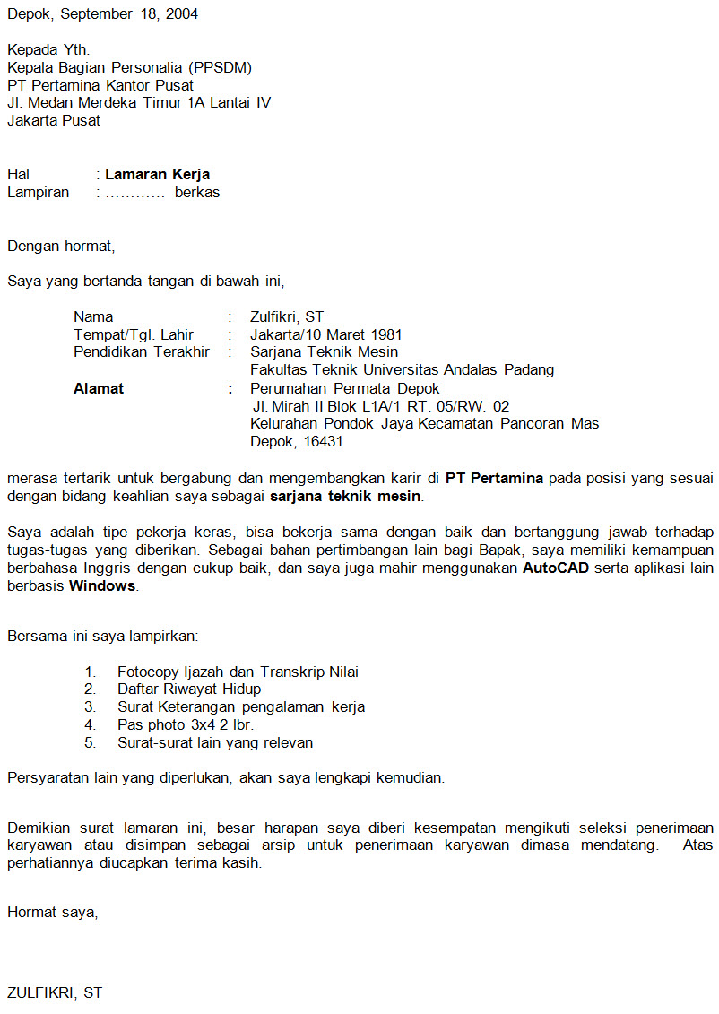 Detail Contoh Surat Lamaran Pertamina Nomer 13