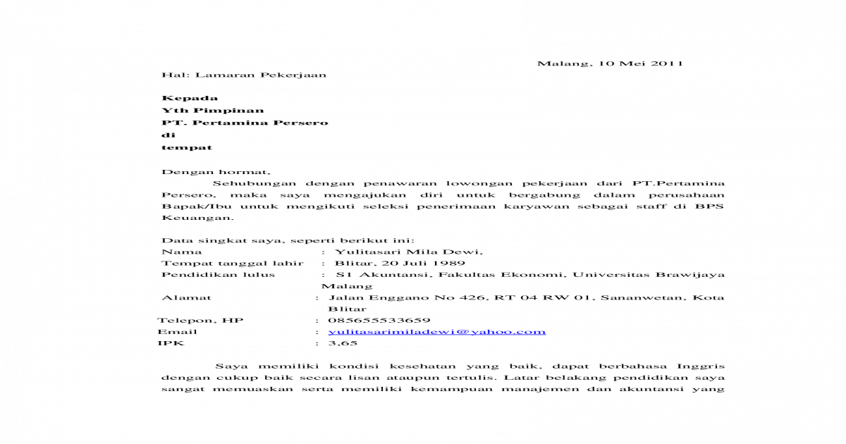 Detail Contoh Surat Lamaran Pertamina Nomer 43
