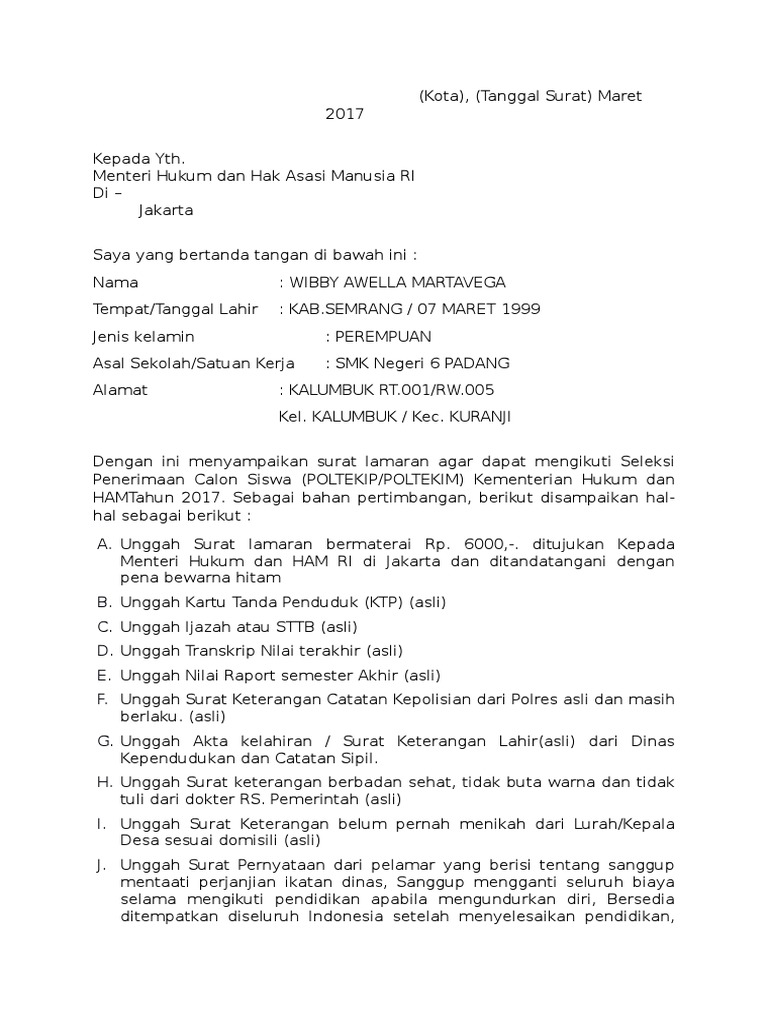 Detail Contoh Surat Lamaran Poltekip Nomer 3