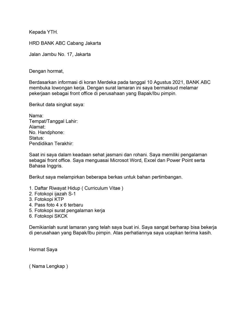 Detail Contoh Surat Lamaran Simple Nomer 29