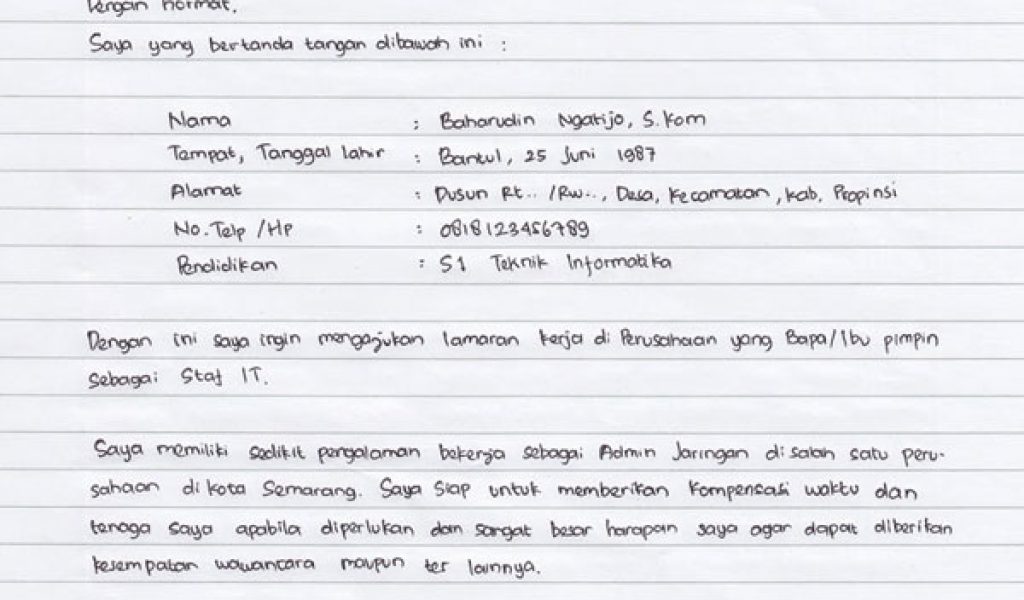 Detail Contoh Surat Lamaran Tulis Tangan Nomer 49