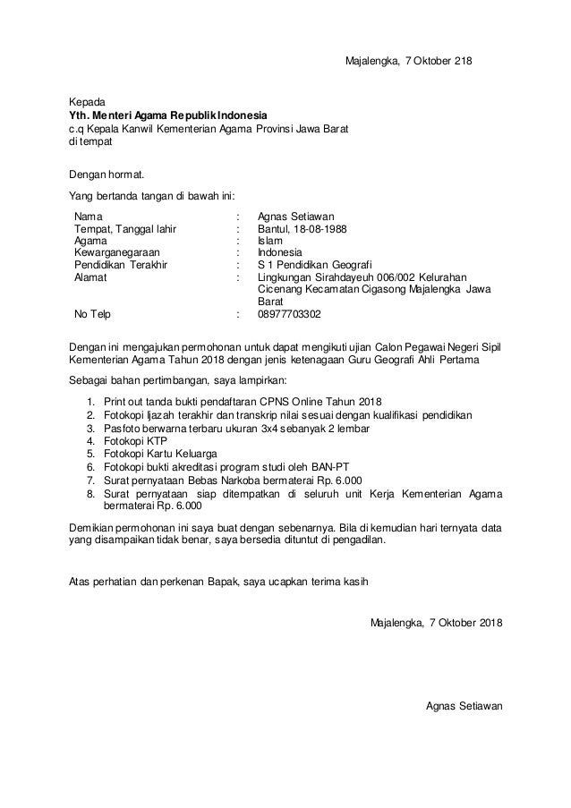 Detail Contoh Surat Lamaran Untuk Cpns 2018 Nomer 7