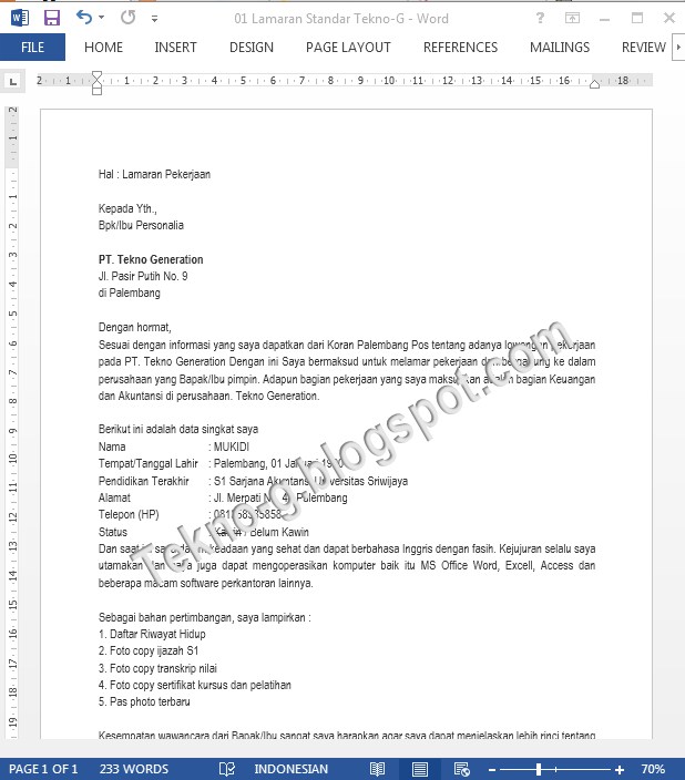 Detail Contoh Surat Lamaran Word Nomer 43
