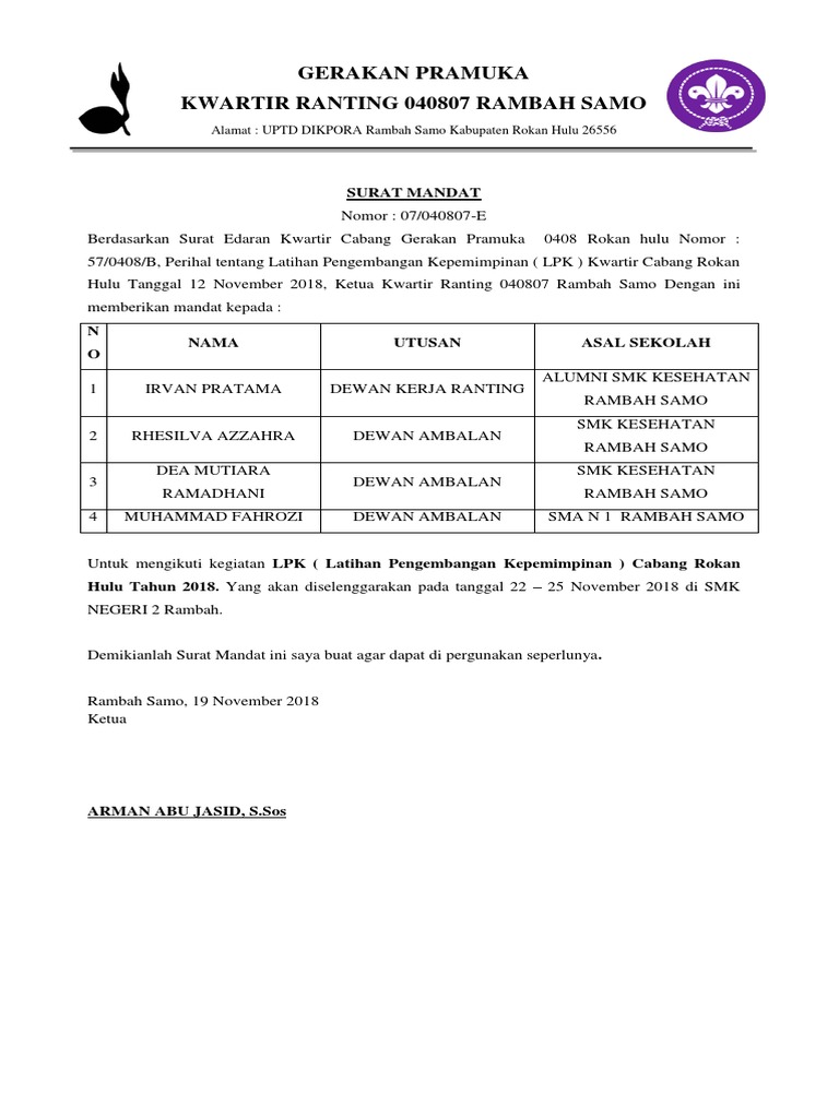 Detail Contoh Surat Mandat Pramuka Nomer 15