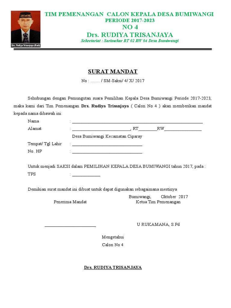 Detail Contoh Surat Mandat Saksi Caleg 2019 Nomer 2