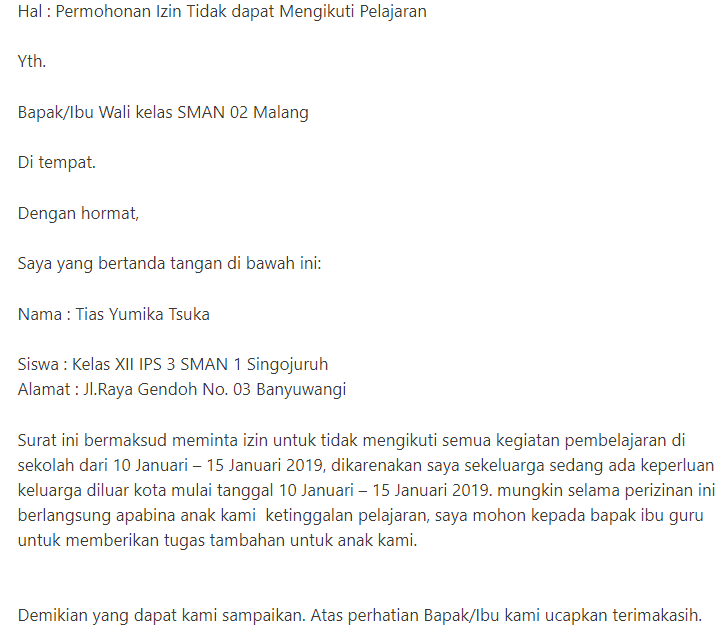 Detail Contoh Surat Minta Izin Tidak Masuk Sekolah Nomer 53