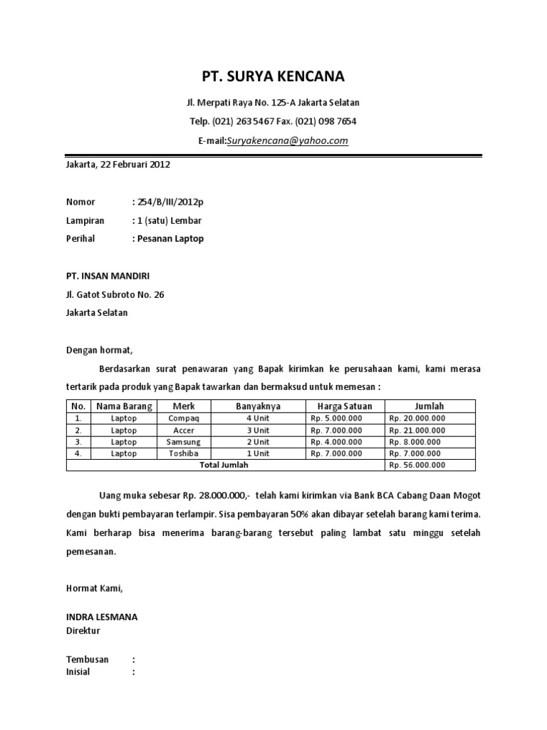 Detail Contoh Surat Niaga Pesanan Nomer 24