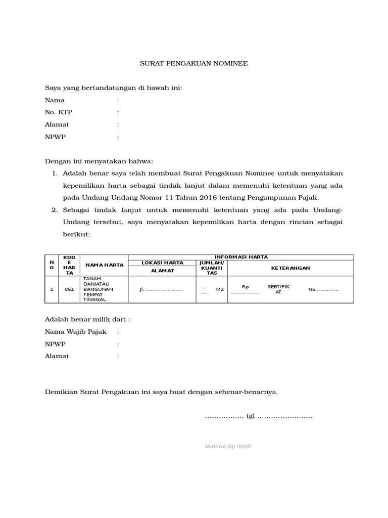 Contoh Surat Nominee Tax Amnesty - KibrisPDR