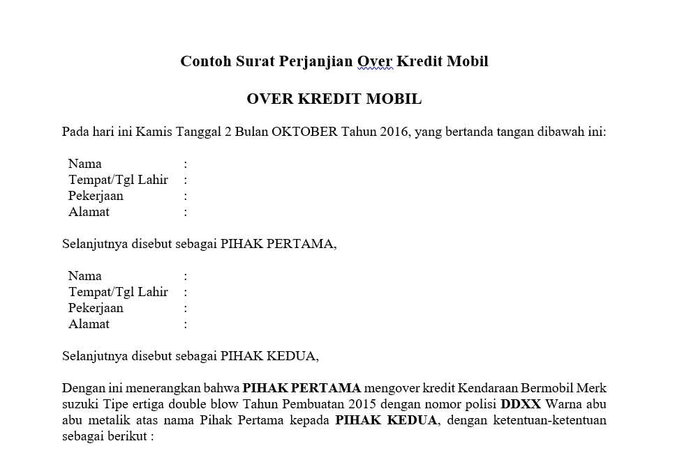 Contoh Surat Over Kredit Mobil Sederhana - KibrisPDR