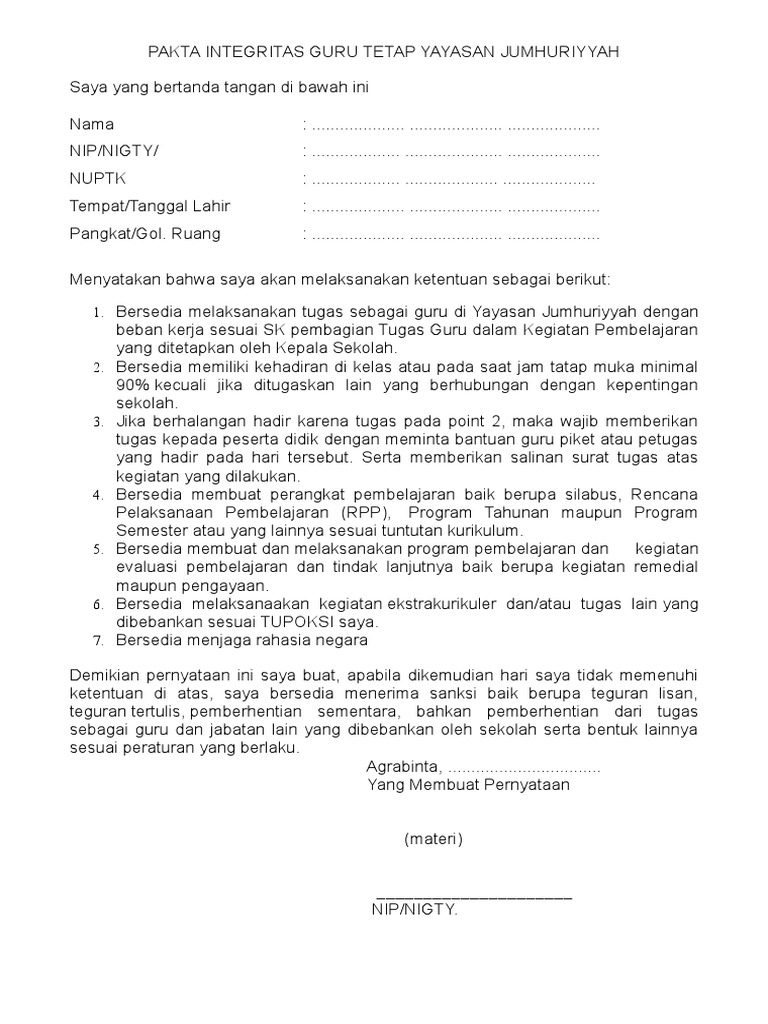 Detail Contoh Surat Pakta Integritas Kepala Sekolah Nomer 25