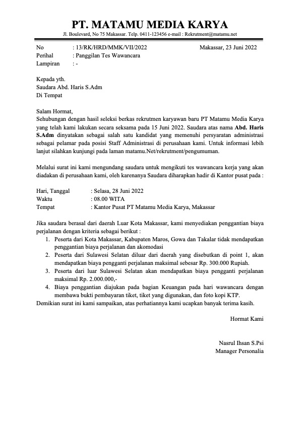 Detail Contoh Surat Panggilan Kerja Nomer 13