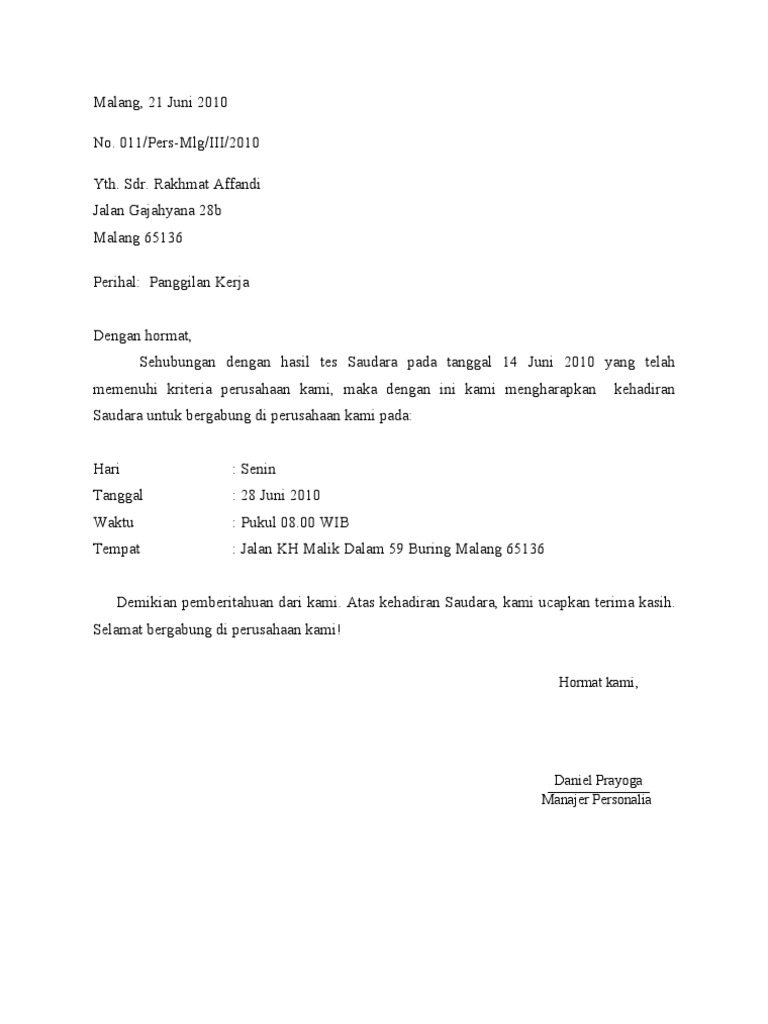 Detail Contoh Surat Panggilan Kerja Nomer 5