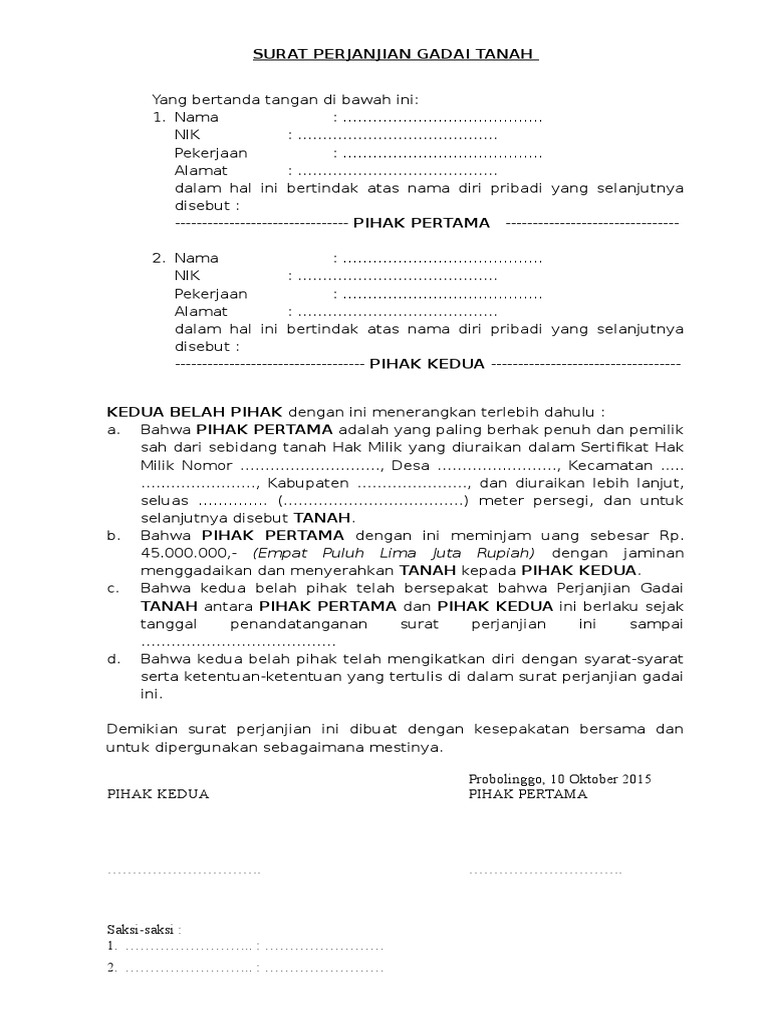 Detail contoh surat pegadaian tanah koleksi nomer 2