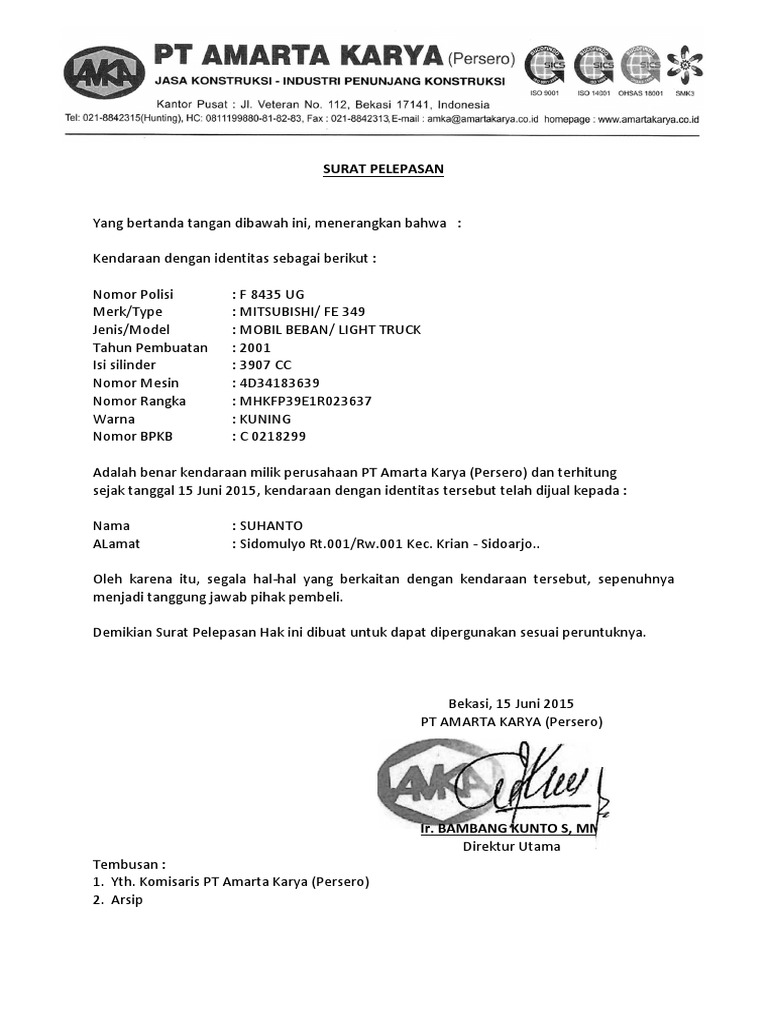 Detail Contoh Surat Pelepasan Hak Kendaraan Bermotor Nomer 14