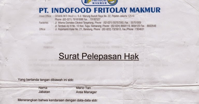 Detail Contoh Surat Pelepasan Hak Kendaraan Bermotor Nomer 16