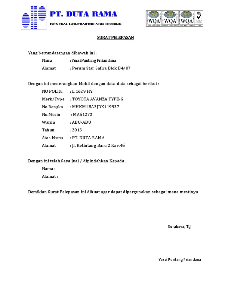 Detail Contoh Surat Pelepasan Hak Mobil Nomer 4