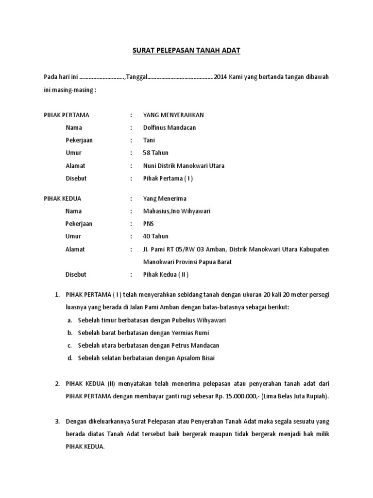 Detail Contoh Surat Pelepasan Tanah Nomer 3