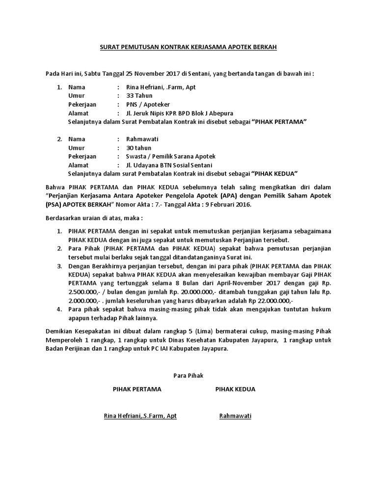 Detail Contoh Surat Pembatalan Kontrak Kerjasama Nomer 2