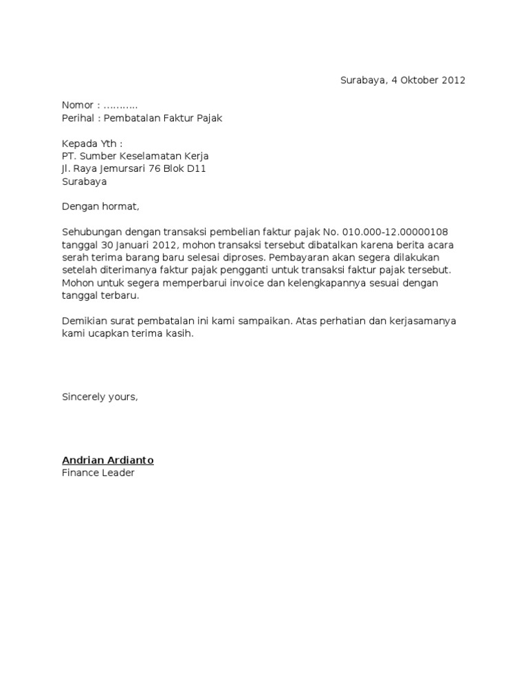 Detail Contoh Surat Pemberitahuan Faktur Pajak Batal Ke Kpp Nomer 9