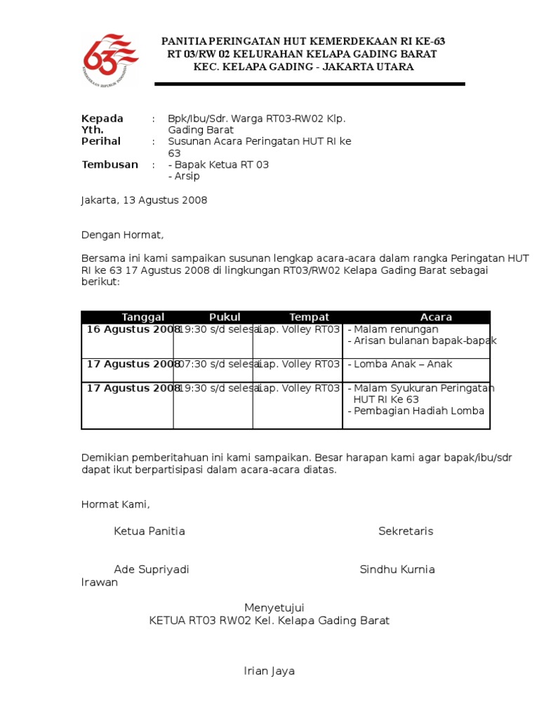 Detail Contoh Surat Pemberitahuan Kegiatan 17 Agustus Nomer 26