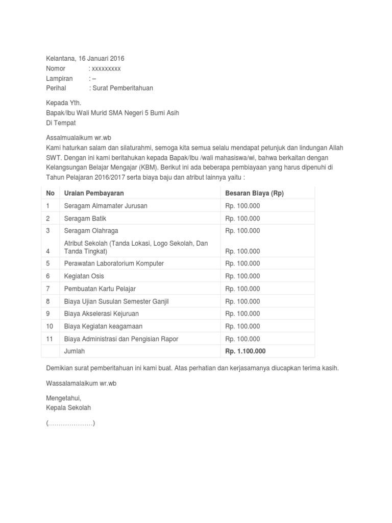 Detail Contoh Surat Pemberitahuan Pembayaran Seragam Nomer 39