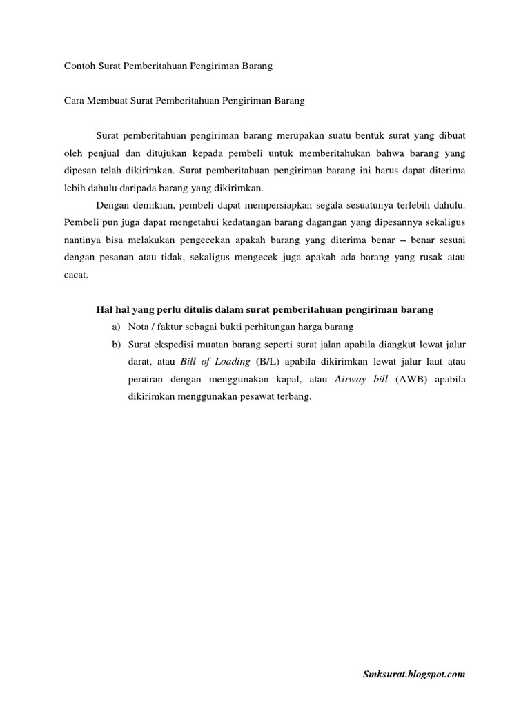 Detail Contoh Surat Pemberitahuan Pengiriman Barang Nomer 2