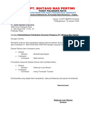 Detail Contoh Surat Pemberitahuan Perubahan Susunan Direksi Nomer 2