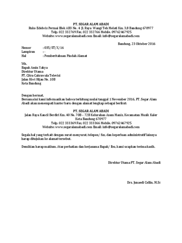 Contoh Surat Pemberitahuan Pindah Kantor - KibrisPDR