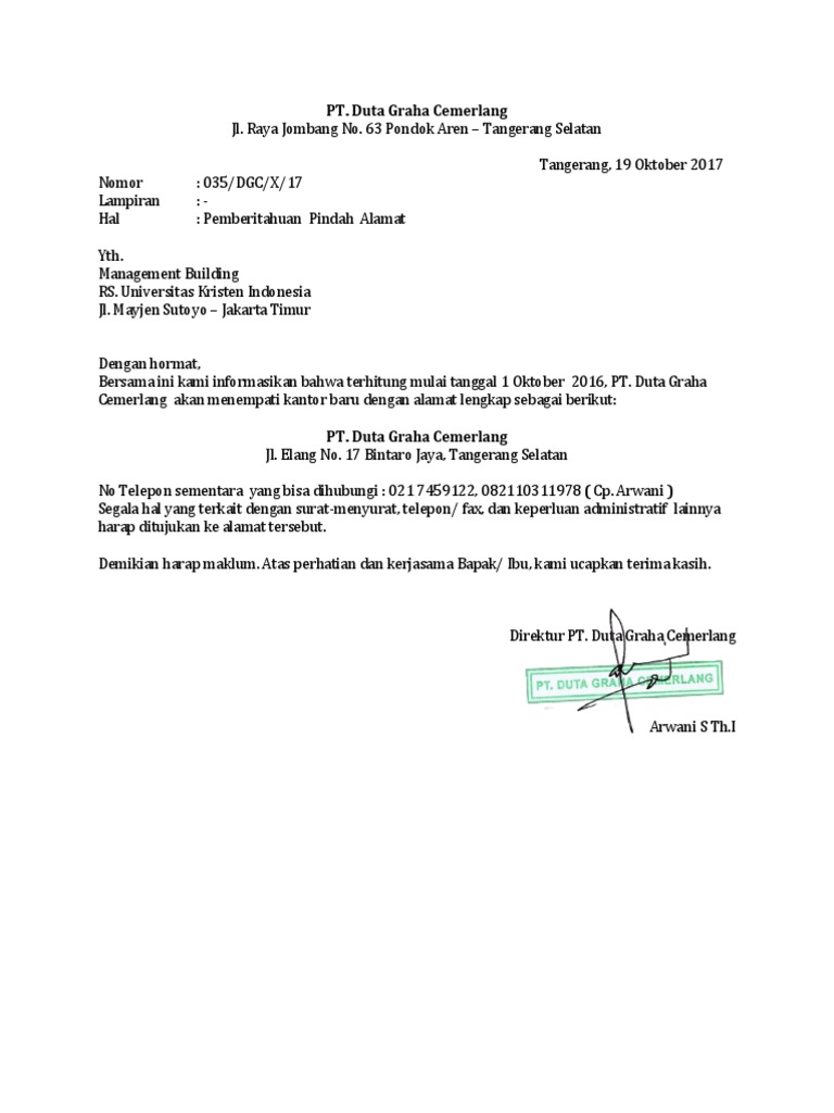 Detail Contoh Surat Pemberitahuan Pindah Kantor Nomer 2