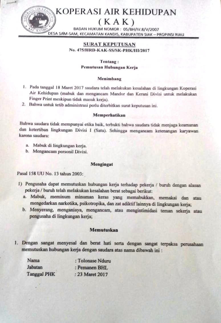 Detail Contoh Surat Pemutusan Hubungan Kerja Karena Mangkir Nomer 34