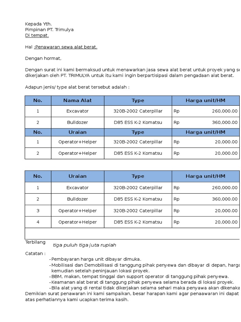 Detail Contoh Surat Penawaran Alat Berat Nomer 6