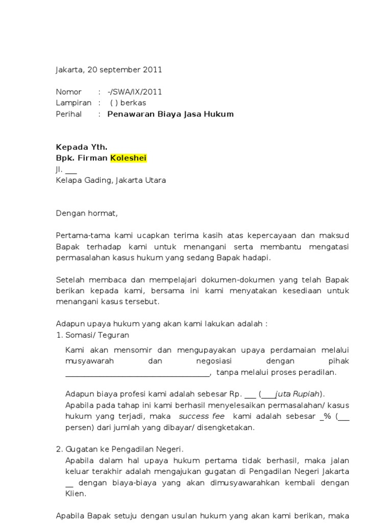 Detail Contoh Surat Penawaran Jasa Hukum Nomer 13