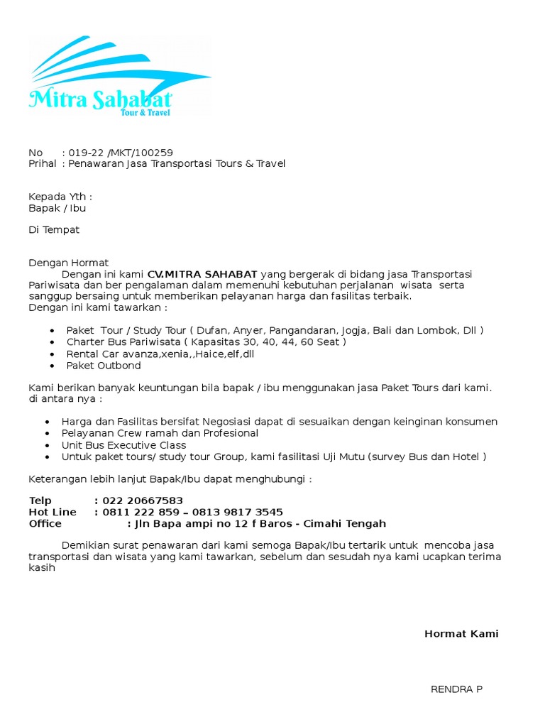 Detail Contoh Surat Penawaran Jasa Transportasi Tour And Travel Nomer 2