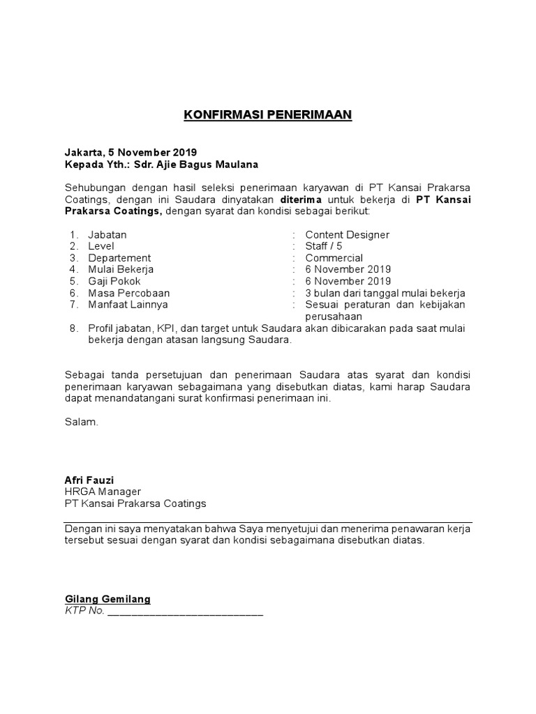 Detail Contoh Surat Penerimaan Pegawai Nomer 5