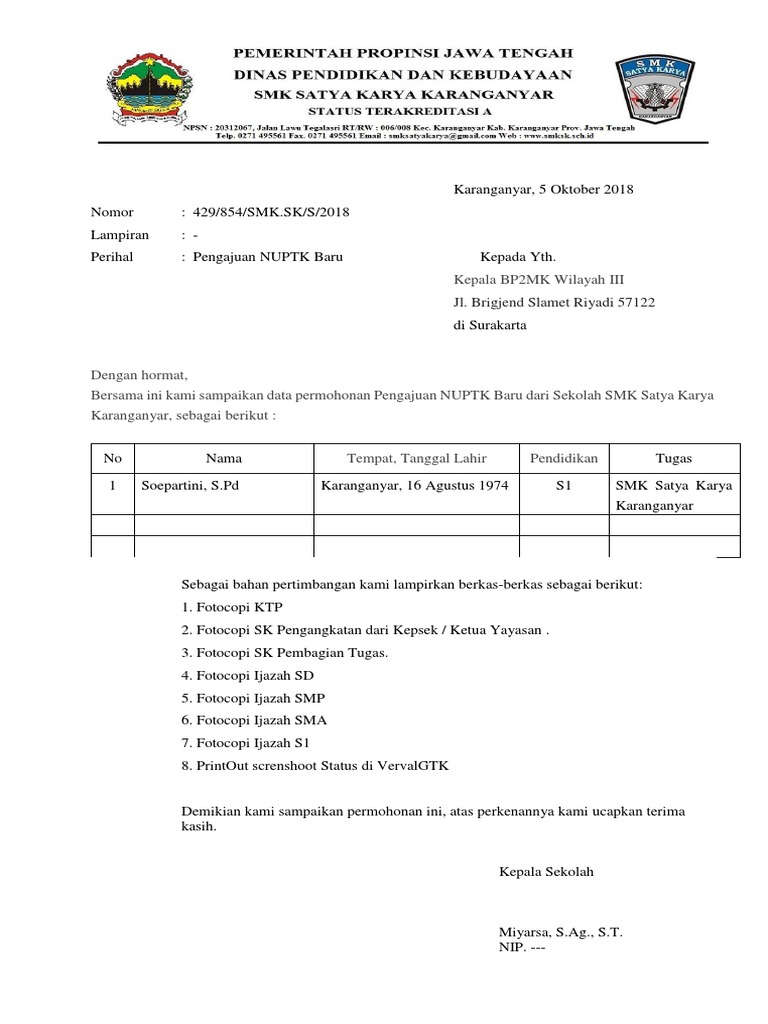 Detail Contoh Surat Pengajuan Nuptk Dari Kepala Sekolah Nomer 12