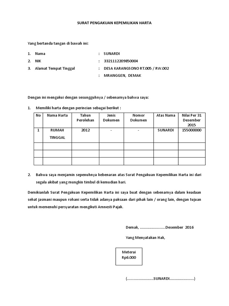 Detail Contoh Surat Pengakuan Harta Nomer 8