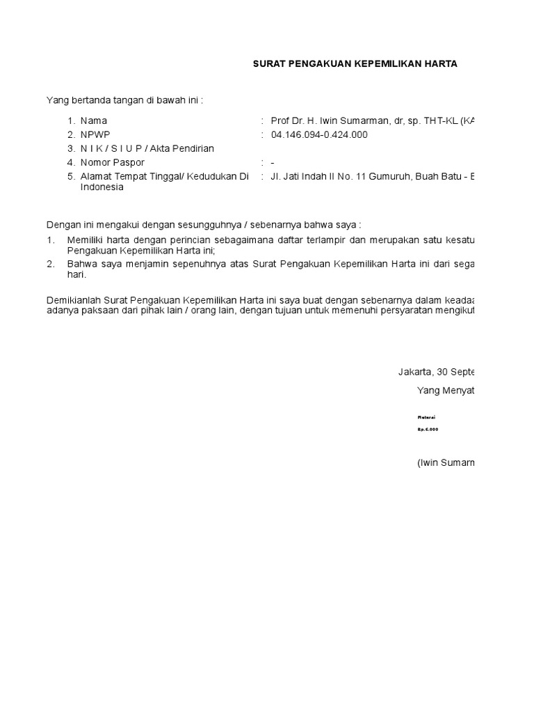 Detail Contoh Surat Pengakuan Nominee Untuk Tax Amnesty Nomer 6