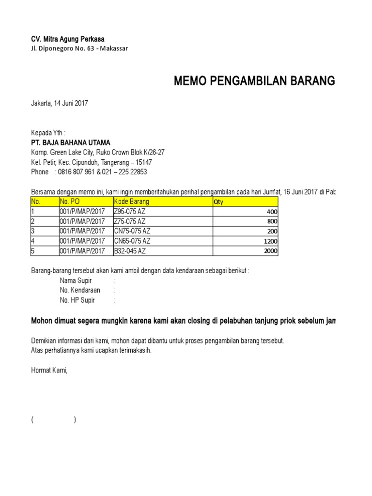 Detail Contoh Surat Pengambilan Barang Di Gudang Nomer 15