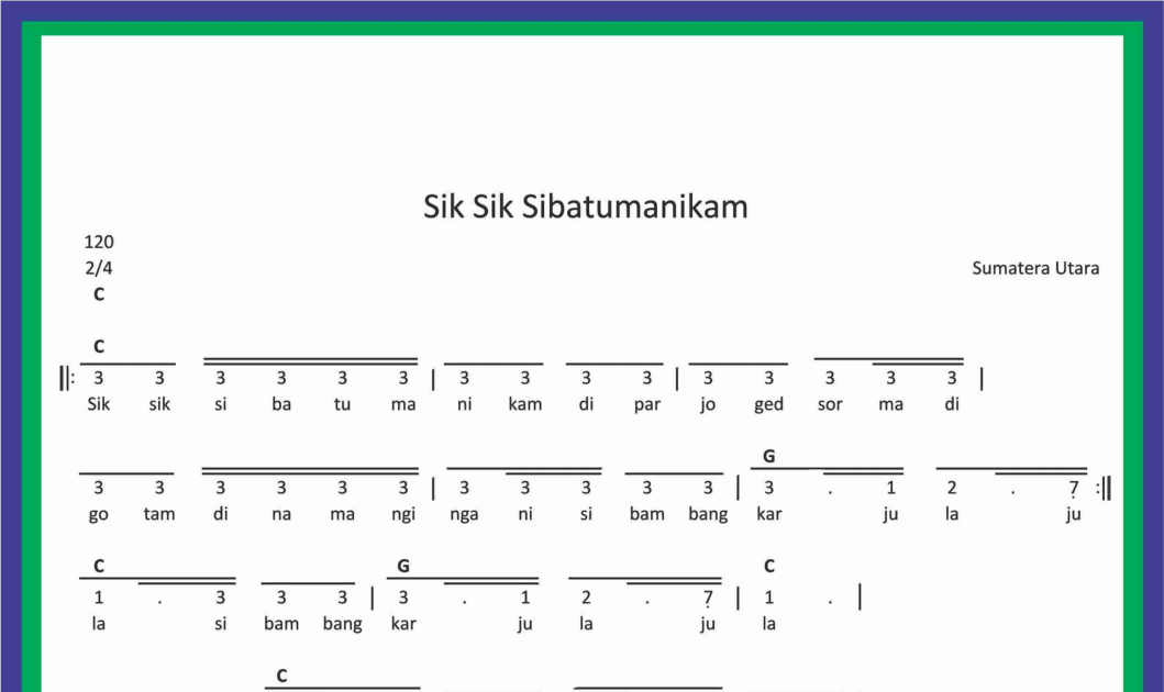 Detail Gambar Not Balok Serta Lirik Sik Sik Sibatumanikam Nomer 4