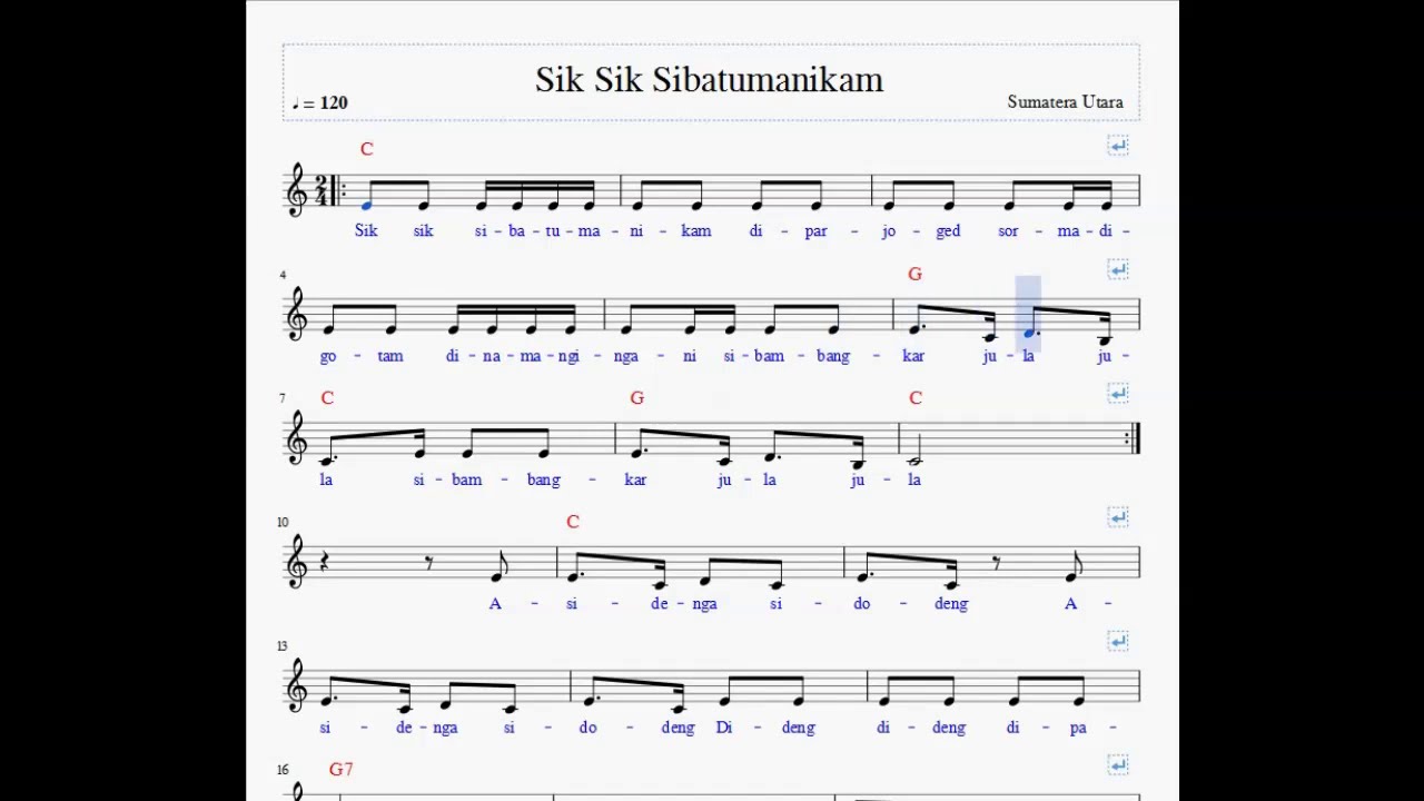 Detail Gambar Not Balok Serta Lirik Sik Sik Sibatumanikam Nomer 5