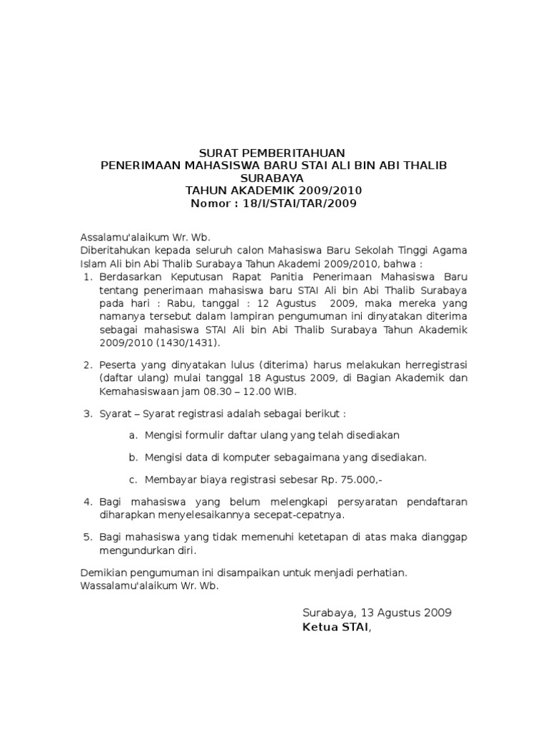 Detail Contoh Surat Pengumuman Penerimaan Siswa Baru Nomer 5