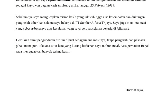 Detail Contoh Surat Pengunduran Diri Dari Alfamart Nomer 49