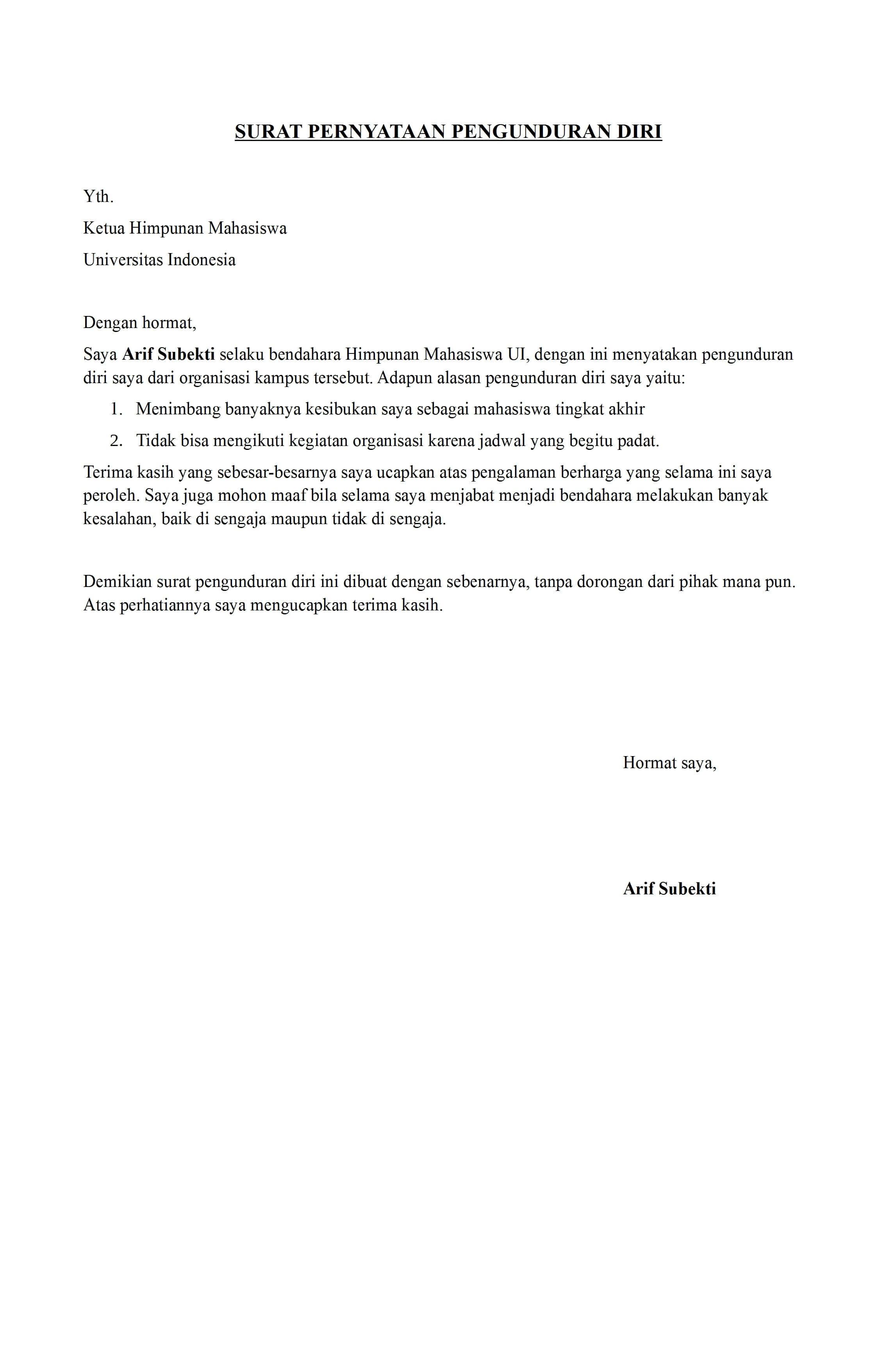 Detail Contoh Surat Pengunduran Diri Dari Organisasi Mahasiswa Nomer 3