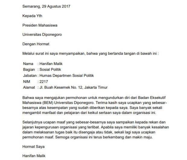 Detail Contoh Surat Pengunduran Diri Dari Organisasi Mahasiswa Nomer 49