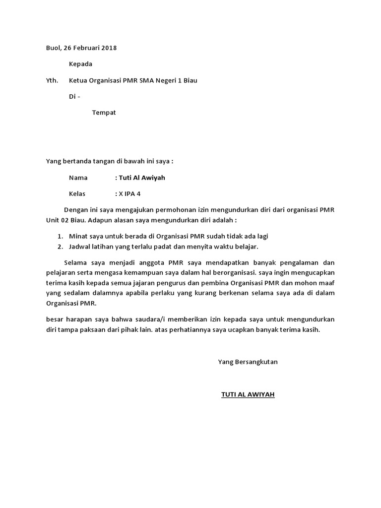 Contoh Surat Pengunduran Diri Dari Sebuah Organisasi Pmr - KibrisPDR