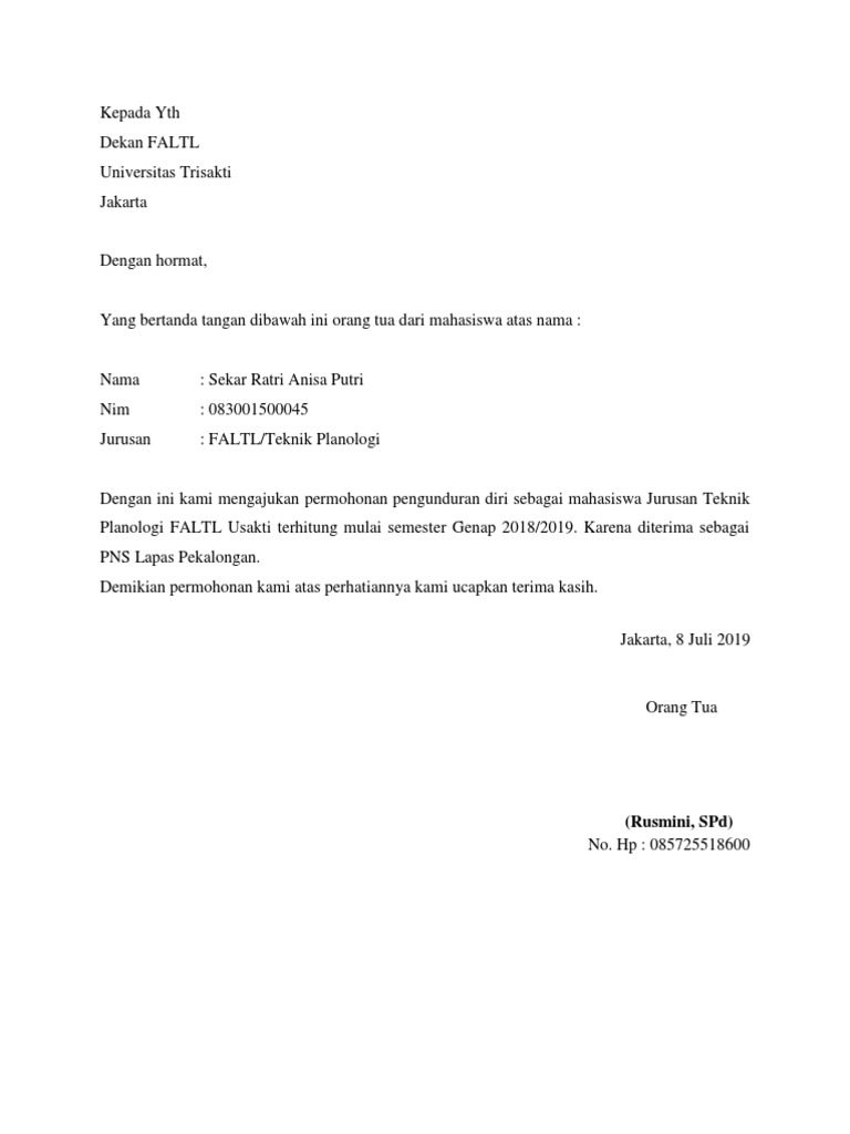 Detail Contoh Surat Pengunduran Diri Dari Universitas Nomer 7