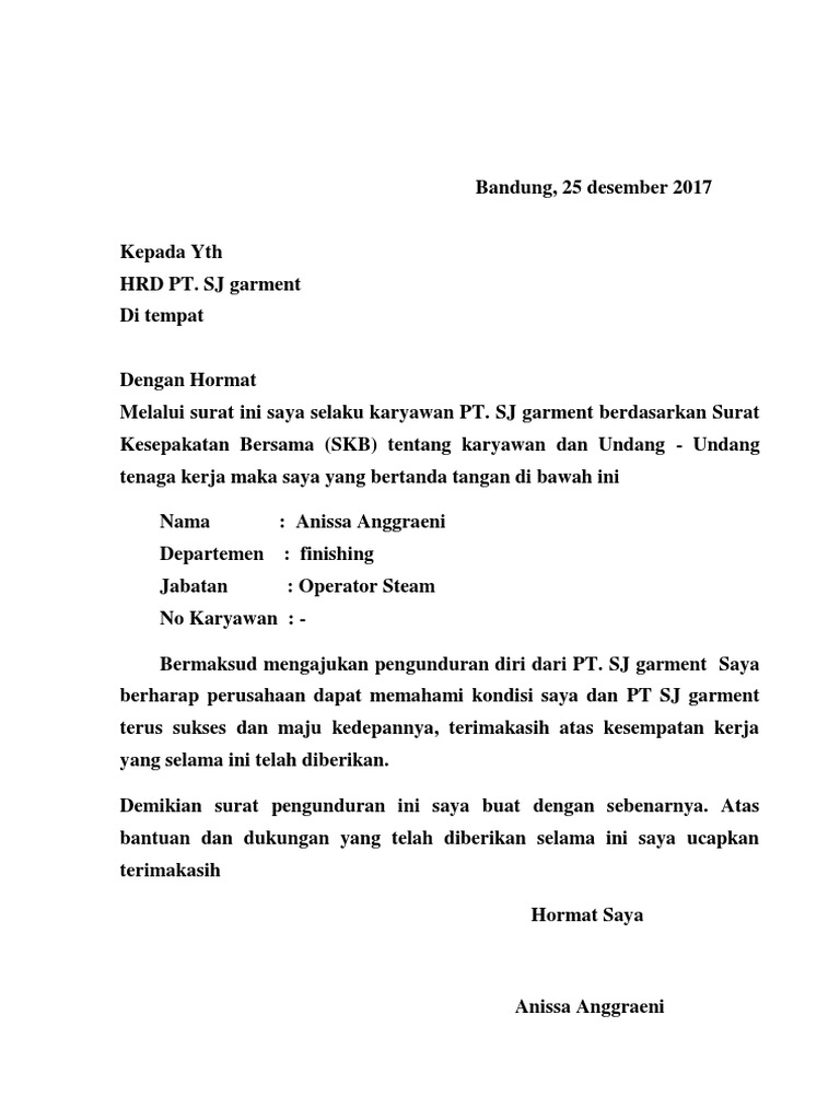 Detail Contoh Surat Pengunduran Diri Karyawan Pabrik Nomer 23